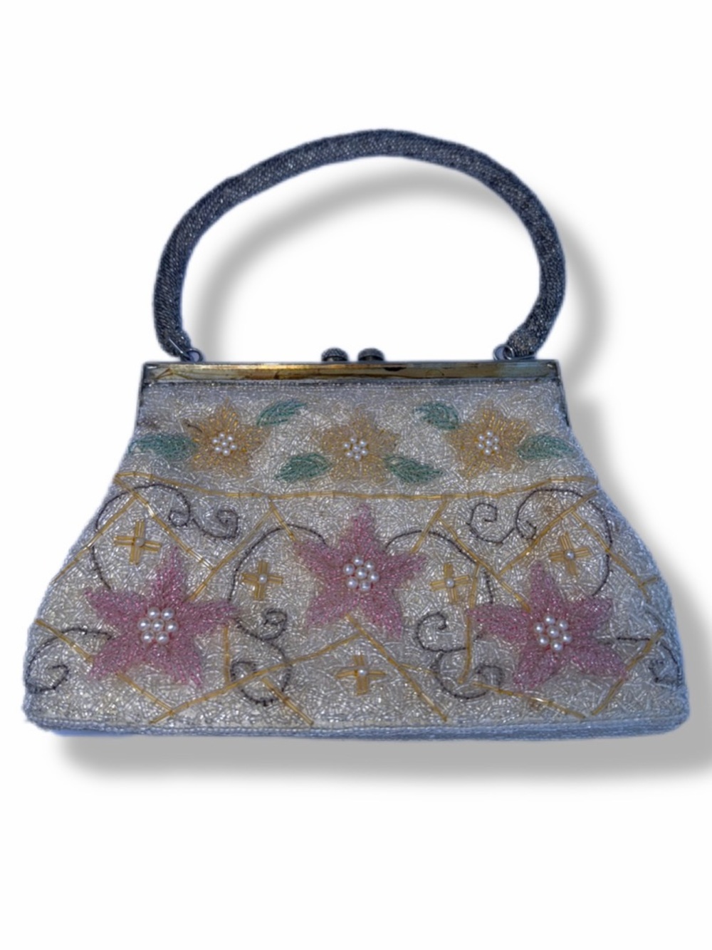 Vintage Hand Beaded Floral Evening Bag Purse For Restoration As Is
